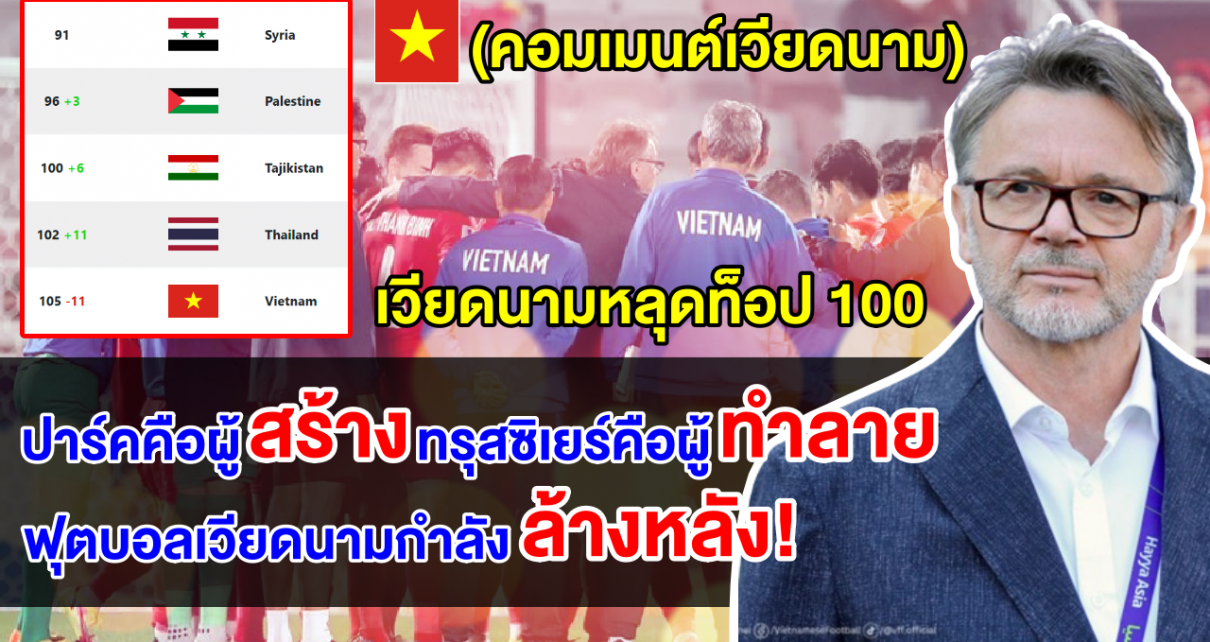 คอมเมนต์เวียดนามเดือด หลังทีมชาติเวียดนามหลุดอันดับท็อป 100 และไทยแซงหน้า